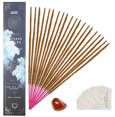 Produktbild von Räucherstäbchen für das Sternzeichen Widder, duften nach Yagra Palo Santo mit Mineralien und Horoskop