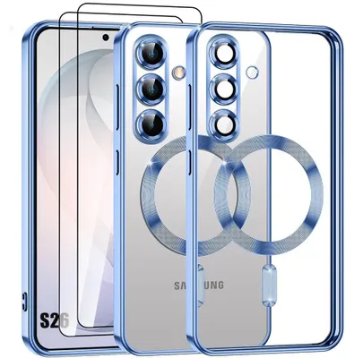 Image de Coque + 2 Verres Trempés pour Samsung Galaxy S26, Protection Transparente Contour Bleu avec Cercle Magnétique