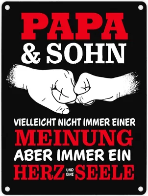 Produktbild von Papa & Sohn, ein Herz und eine Seele Metallschild in 15x20 cm mit Spruch in rot
