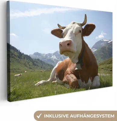 Produktbild von OneMillionCanvasses® - Leinwandbilder - 150x100 cm, Kuh - Berg - Glocke - Landwirt, Wandbilder Kunstdruck Wanddekoration