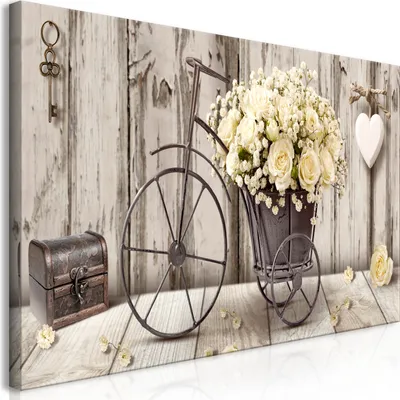 Produktbild von Wandbild Mega XXXL Blumen 250x125 cm Einteiliger XXL-Format Kunstdruck zur Selbstmontage Leinwandbilder moderne Bilder DIY Wanddekoration Wohnung Deko Holz Optik Rose Fahhrad n-C-0291-ak-e