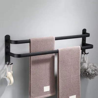 Zdjęcie produktu dla Aluminiowy wieszak na ręczniki łazienkowe z 2 haczykami, czarny, 60 cm
