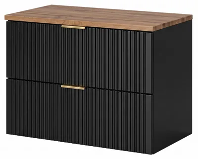 Obrázek produktu pro Závěsné skříňky pod umyvadlo ADEN – černá barva – deska v barvě dubu Wotan – 2 zásuvky – 80 x 60 x 46 cm