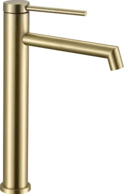 A single, tall, brushed gold faucet is shown against a white background.