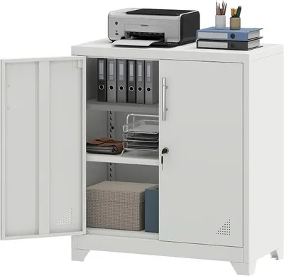 Zdjęcie produktu dla Szafka archiwizacyjna, metalowa, zamykana na klucz, z 2 regulowanymi półkami, do biura, gabinetu, garażu, szkoły, biała, 80 x 40 x 90 cm