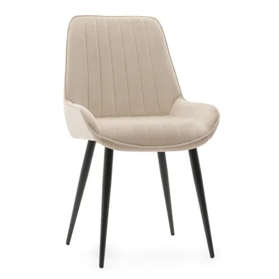 A single beige chair with black legs.