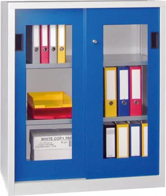 Produktbild von Schiebetürenschrank - Sichtfenstertüren - 1.000x1.000x500 mm (HxBxT) - 2 Böden, gepulvert - Zylinderschloss - lichtblau/lichtgrau
