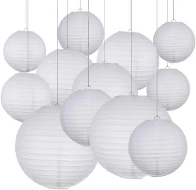 Zdjęcie produktu dla Papierowe lampiony 12 sztuk, białe, do dekoracji ogrodu, 10 do 30 cm, okrągłe