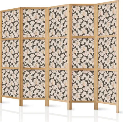 Produktbild von 5-teiliger Einseitiger Vlies Japanischer Paravent - Among Pink Shrubs - White and Beige Rabbits on a Blooming Meadow 225x172 cm Blumen g-B-10068-bh-b