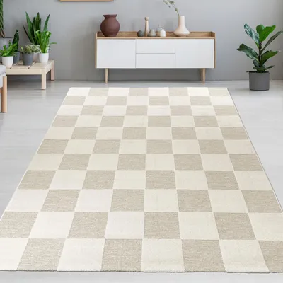 Produktbild von Wohnzimmerteppich im Karomuster flauschig robust in Creme Beige Größe - 140 x 200 cm