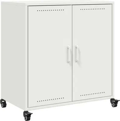 A white metal cabinet with two doors and wheels, shown from the front.