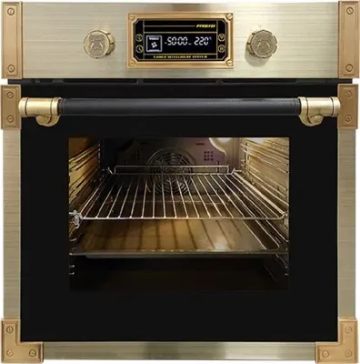 A front view of a built-in oven with a retro design.
