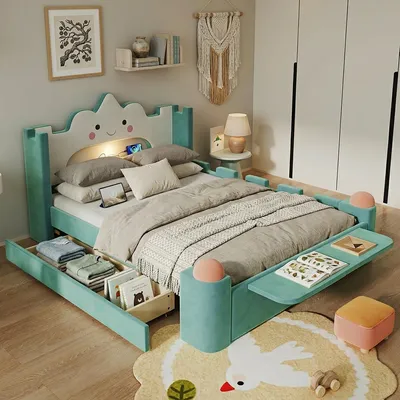 Produktbild von STILVORA Polsterbett 140×200 cm mit Stauraumschublade links/rechts montierbar,Einzelbett mit LED-Leselampe und USB-Anschluss, Kinderbett mit Fallschutz und Samtbezug,Blaugrün