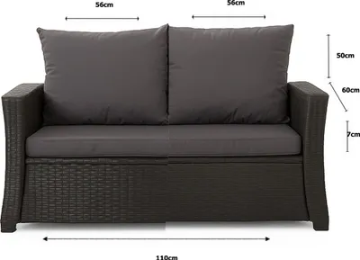 A front view of a dark gray outdoor sofa with dimensions indicated by measurement lines and text.