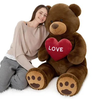 Productafbeelding van Grote knuffelbeer, 130 cm, bruin, met hart en de tekst "Ik hou van jou"