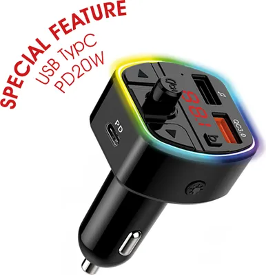 Produktbild von Fm bluetooth Freisprecheinrichtung car kit schnelles Aufladen mit qc3.0 und pd20w, mit rgb Licht Farbwechsel, typec, siri / google assistant Funktion