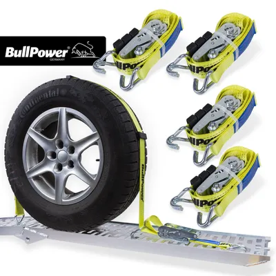 Produktbild von 4x BullPower Spanngurte AZG203 - Autotransport PKW Zurrgurte Reifengurte Transportsicherungen - LC 4000 kg / daN mit Ratsche und Haken - 50mm breit