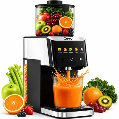 Produktbild von Olvy Slow Juicer 150W Entsafter für Obst & Gemüse 13 cm Einfüllöffnung 5 Programme Eiscreme Rückwärtsfunktion BPA-frei, KI-generiertes Bild