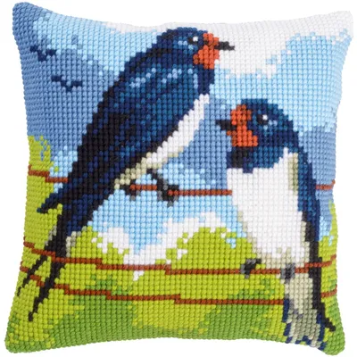 Productafbeelding van Kussen om te borduren met kruissteken, Vervaco "Hirondelles", bedrukt motief, linnen, 40x40 cm