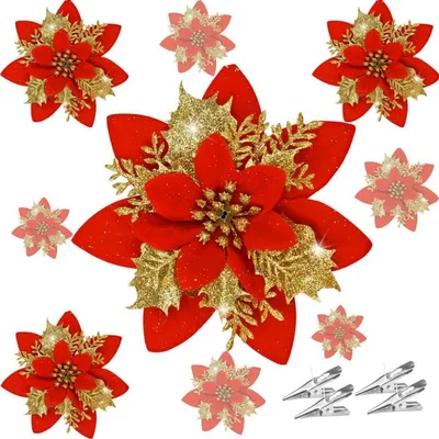 Produktbild von Kunstblumen Weihnachten Glitzer Weihnachtsstern mit Clips Rot 20 Stück