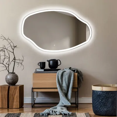 Produktbild von Unregelmäßiger asymmetrischer Spiegel mit LED Beleuchtung 114x74 cm - mit LED Beleuchtung - LED Farbe Kaltweiß 7000K - Individuell Nach Maß - Beleuchtet Wandspiegel Lichtspiegel Badezimmerspiegel - Sensor Schalter - OBK222