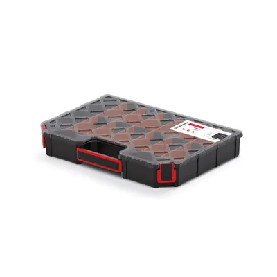 A black and gray organizer box with red accents, shown from a slightly elevated side angle on a white background.