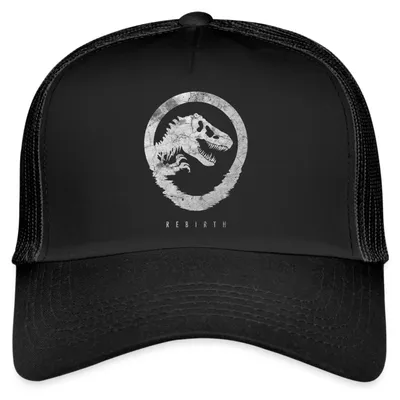 Produktbild von Spreadshirt Jurassic World Rebirth Logo Mit T-Rex Im Steinlook Trucker Cap, One size, Schwarz/Schwarz