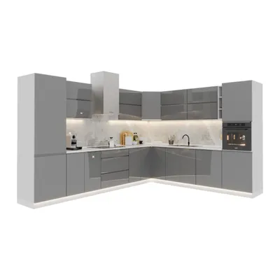 Produktbild von Eckküche / Winkelküche/ L-Küche / Küchenzeile 340x280 cm Glanzia – KU-S20 – Grau Hochglanz Ohne Arbeitsplatte & Elektrogeräte Eckküche L-FORM