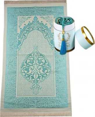 Imagen del producto de Alfombra de oración de tafetán, color azul, 65 x 110 cm, con caja de regalo y rosario de 99 cuentas. Un regalo elegante para la oración y el día a día. Tamaño: 65 x 110 cm