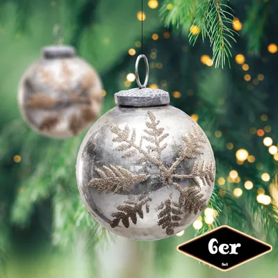 Produktbild von Christbaumkugelset, Rund, 6er Set | Glas, Silber, Schneeflocke | ∅ 8 cm