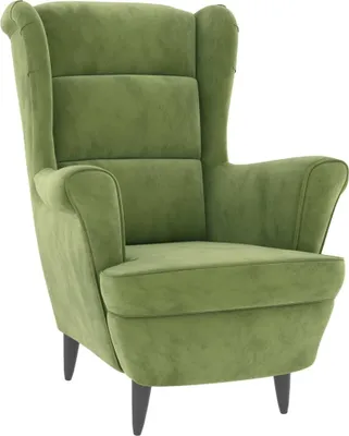 A green velvet wingback armchair on a white background.