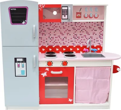 Produktbild von 4iQ Spielküche Speilzeug Küche aus Holz für Kinder ANETA Rot Weiß 112x31x102 cm