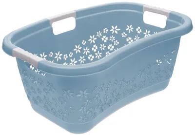 A light blue laundry basket with a floral pattern.