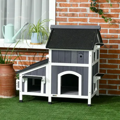 Produktbild von Outdoor-Katzenhaus, zweistöckig, Bodenabstand, Naturholz, Asphaltdach, grau, 96 x 65 x 85,5 cm, für Garten und Terrasse
