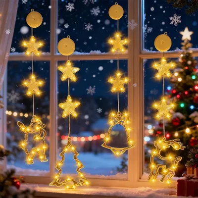 4er-Set LED-Fensterlichter, Weihnachtsmotive, warmgelb, 25x20 cm