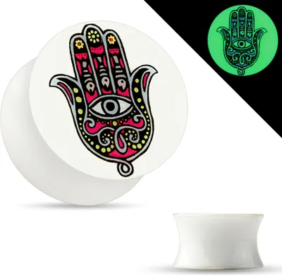 Produktbild von viva-adorno 1 Stück 8mm Saddle Plug Hamsa Hand Acryl leuchtet im Dunkeln Größe 5-16mm Z486.D3
