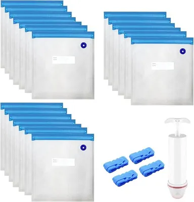 Produktbild von PolkaHome® 20 Stück wiederverwendbare Vakuumbeutel für Lebensmittel, 26 x 28 cm, BPA-frei, mit Reißverschluss, mit 1 Handpumpe, 4 Clips