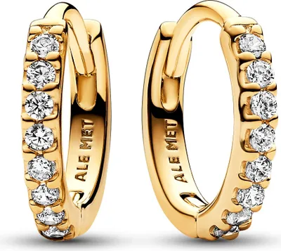 A pair of gold hoop earrings with clear stones, presented on a white background.