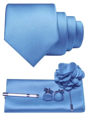 Produktbild von Herren Krawatten-Set Twill einfarbig hellblau mit Pocket Square Manschettenknöpfen Krawattenklemme Brosche