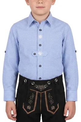 Image de Chemise traditionnel pour enfant, à porter avec des pantalons traditionnels, style folklorique avec motif Edelweiss à carreaux, couleur : bleu ciel, taille : 140/146