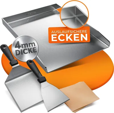 Produktbild von flammtal [Das Original] - Grillplatte aus 4mm rostfreiem Edelstahl [40 x 30cm] - Plancha Grillplatte mit Grillspachtel Set & Burgerpapier (offen)