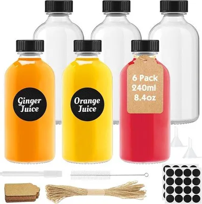 Produktbild von Famanu Set von 6 Glas-Drinkflaschen 240 ml mit Deckel, Trichter und Bürste – Transparent