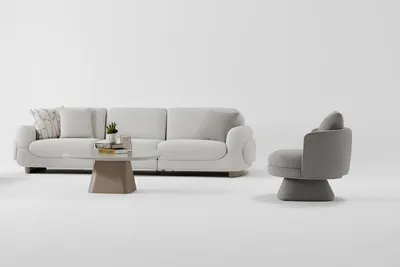Zdjęcie produktu dla Komplet wypoczynkowy do salonu: sofa, fotel, stolik kawowy, kolor biały, nowoczesny styl, blat ze szkła
