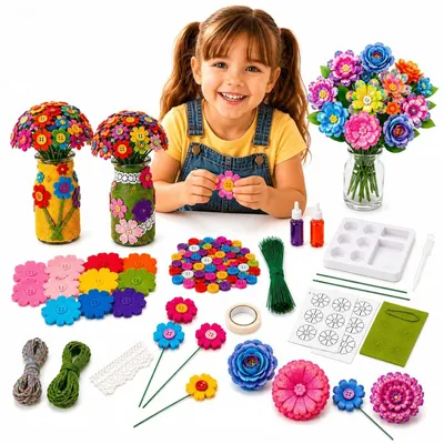 Produktbild von LittleKingdom DIY Floristik-Set Blumen aus Knöpfen und Papier für Mädchen