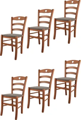 Zdjęcie produktu dla t m c s Tommychairs - Zestaw 6 krzeseł CUORE do kuchni i jadalni, solidna konstrukcja wykonana z lakierowanego drewna bukowego w kolorze wiśniowym i tapicerowane siedzisko pokryte tkaniną w kolorze płowego brązu