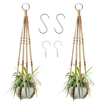 Productafbeelding van Plantenhanger hangende plantenhouder - Macramé plantenhangers - 2 stuks - 90 cm - Voor binnen en buiten