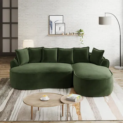 Produktbild von MODFU Schlafsofa mit rechter Chaiselongue,L-förmiges Zweisitzer Sofa mit Armlehnen & Kissen,Loungesofa mit Rahmenlose,Chenille,Grün