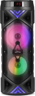 A black portable speaker with colorful LED lights.