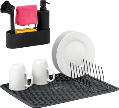 Productafbeelding van Eluno wastafelset (2-delig), wastafelorganizer met zacht aanvoelend oppervlak en afdruiprek inclusief afdruiprek, zwart