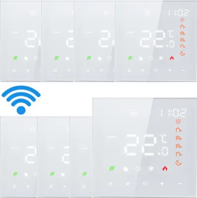 A collage of smart thermostats, some with a WiFi symbol.